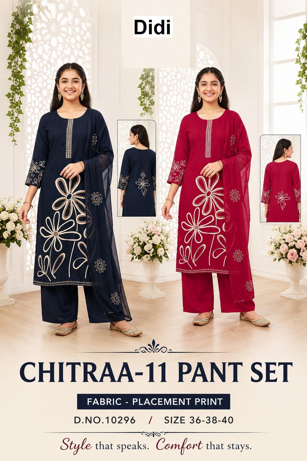 Chitraa 11 Dn 10296 Didi Placement Print Girls Readymade Pant Suits Wholesaler Gujarat