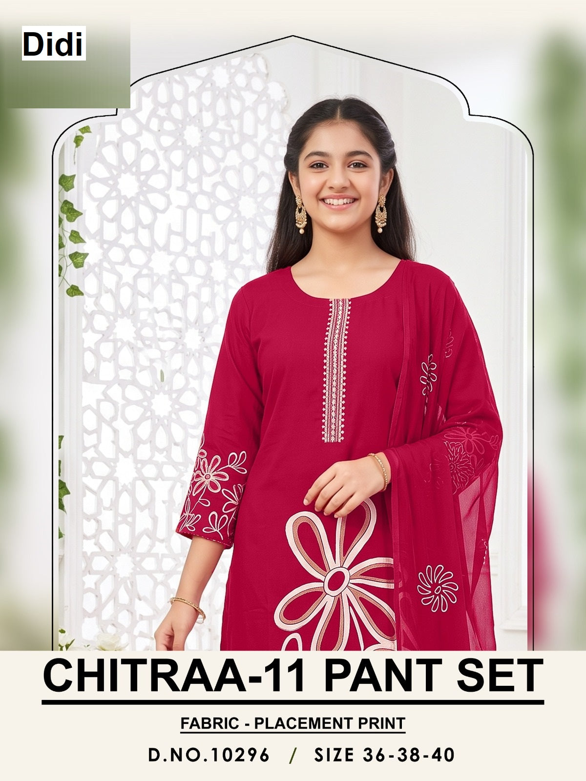 Chitraa 11 Dn 10296 Didi Placement Print Girls Readymade Pant Suits Wholesaler Gujarat
