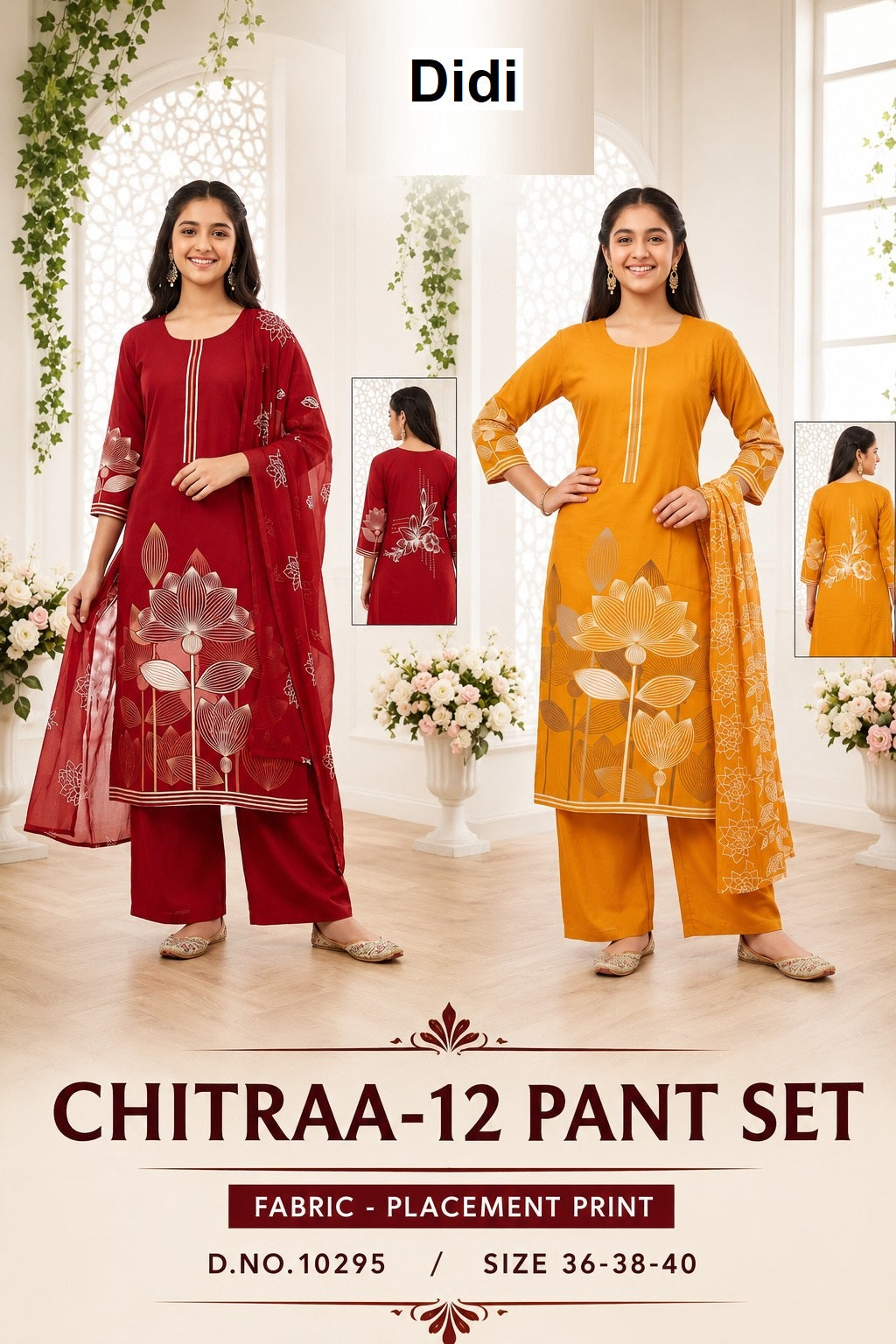 Chitraa 12 Dn 10295 Didi Placement Print Girls Readymade Pant Suits Wholesale
