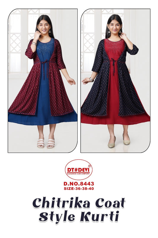 Chitrika 8443 Dt Devi Rayon Kurti Jacket Set Exporter India