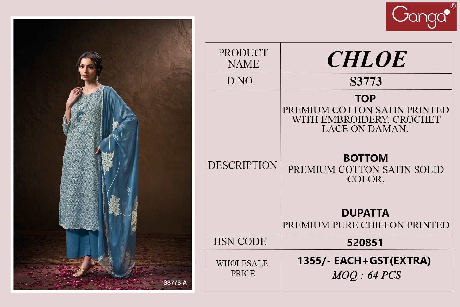 Chloe 3773 Ganga Premium Cotton Plazzo Style Suits Wholesaler Ahmedabad