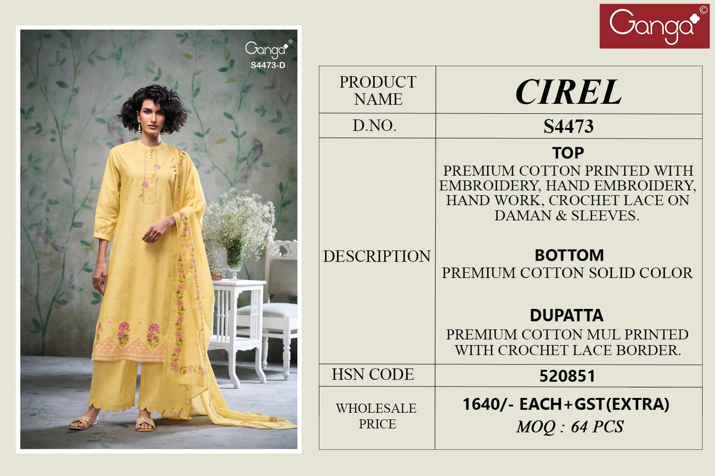 Cirel 4473 Ganga Cotton Plazzo Style Suits Exporter India