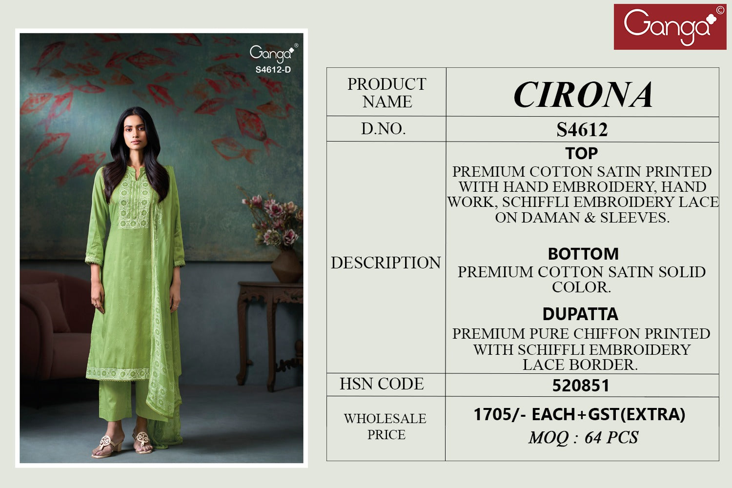 Cirona 4612 Ganga Cotton Satin Pant Style Suits Manufacturer India