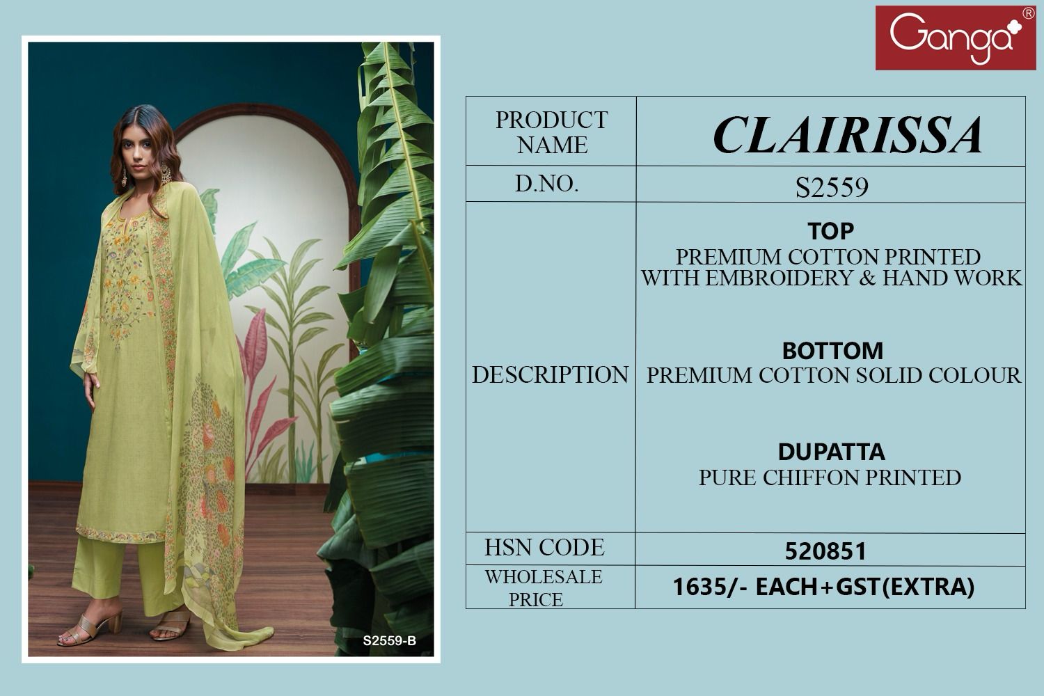 Clairissa 2559 Ganga Premium Cotton Plazzo Style Suits Manufacturer Gujarat