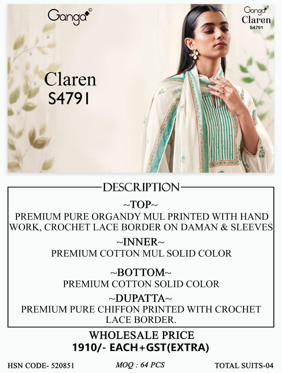 Claren 4791 Ganga Organdy Pant Style Suits Wholesaler India