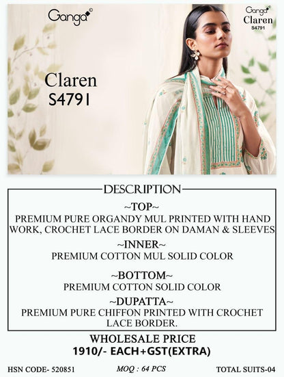 Claren 4791 Ganga Organdy Pant Style Suits Wholesaler India