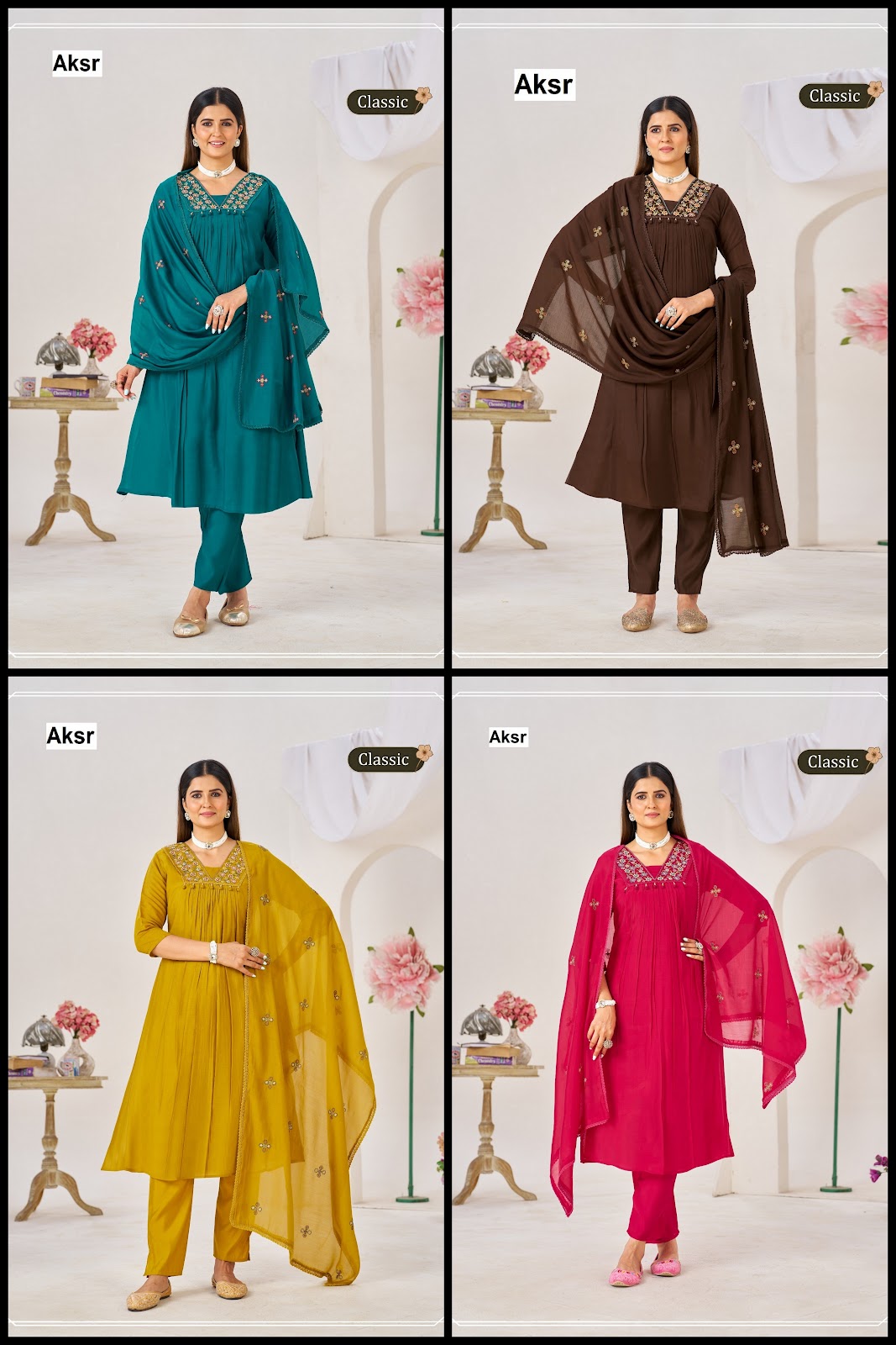 Classic Hand Work Aksr Mul Chanderi Readymade Anarkali Suits Exporter India