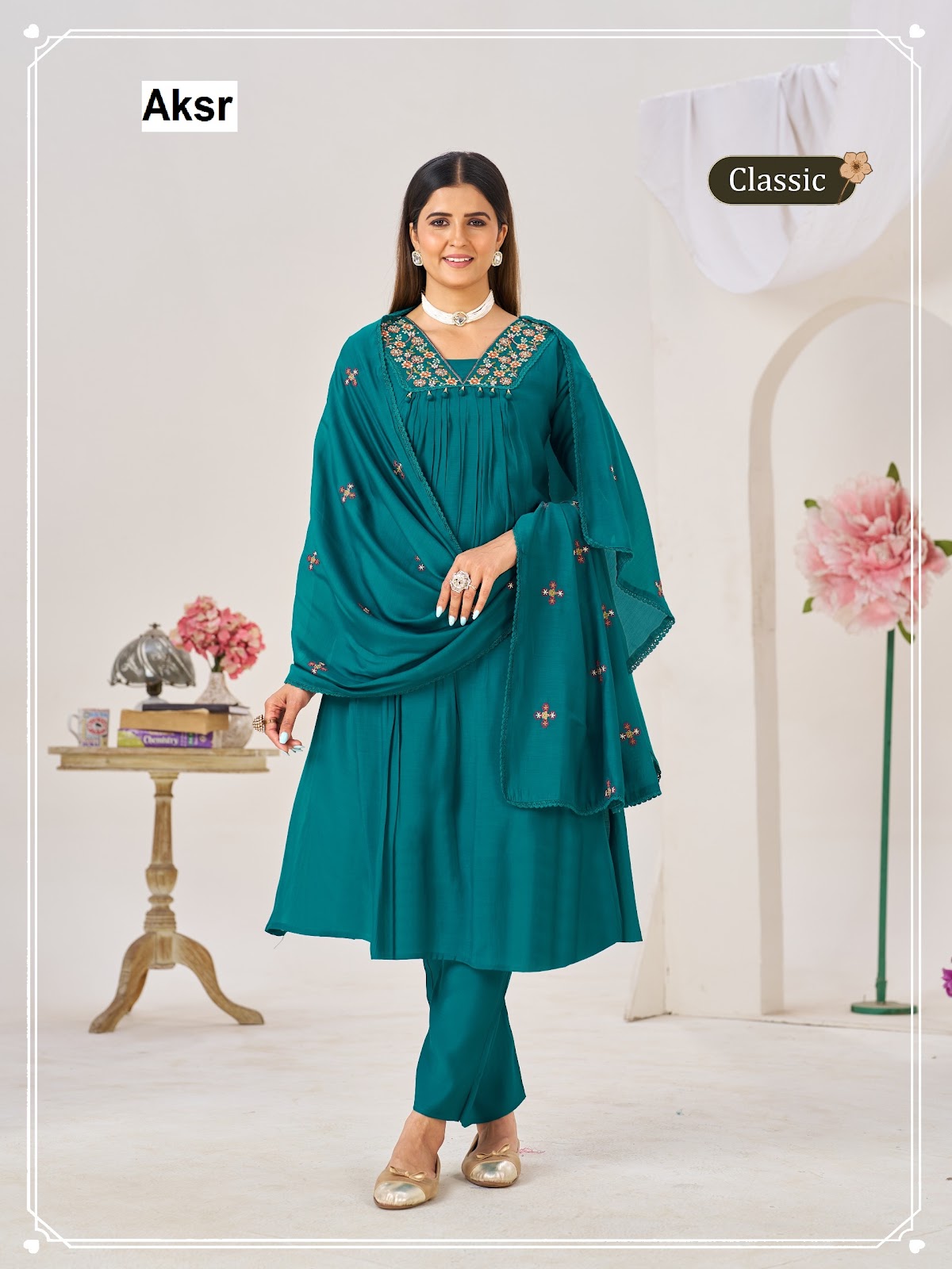 Classic Hand Work Aksr Mul Chanderi Readymade Anarkali Suits Exporter India
