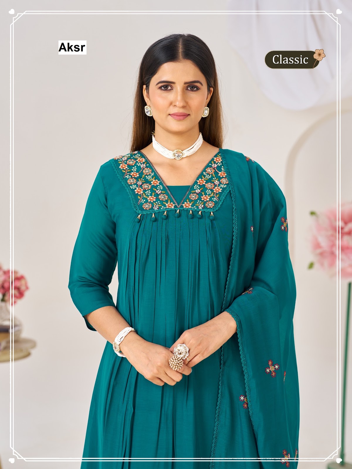Classic Hand Work Aksr Mul Chanderi Readymade Anarkali Suits Exporter India