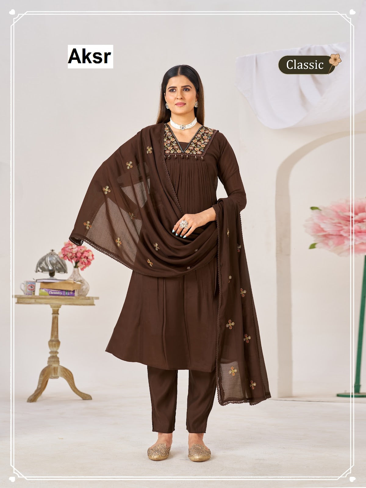 Classic Hand Work Aksr Mul Chanderi Readymade Anarkali Suits Exporter India