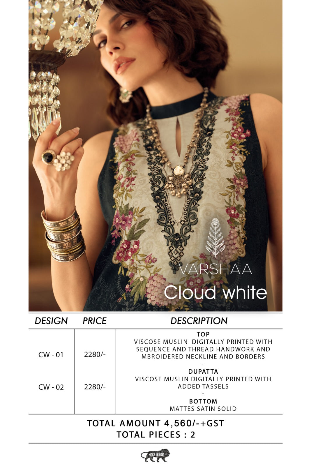 Cloud White Varshaa Viscose Muslin Plazzo Style Suits Supplier India