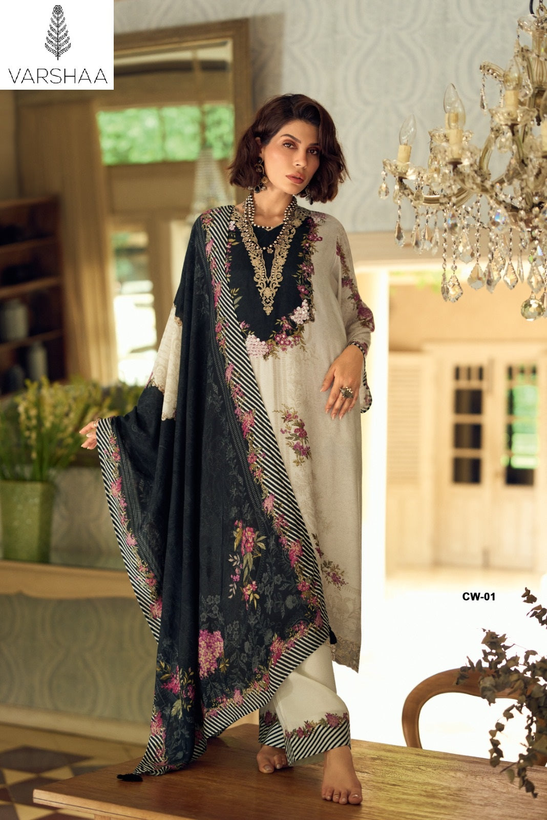 Cloud White Varshaa Viscose Muslin Plazzo Style Suits Supplier India