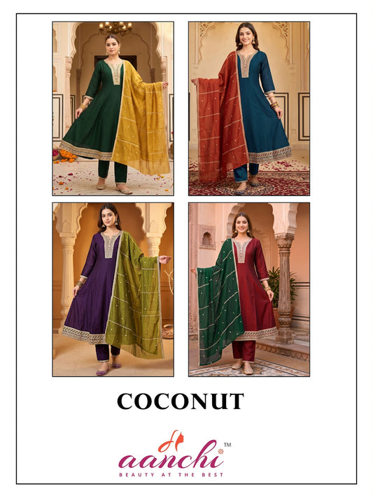 Coconut Aanchi Vichitra Silk Readymade Anarkali Suits Supplier
