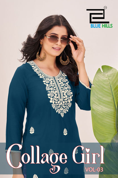 Collage Girl Vol 3 Blue Hills Rayon 14Kg Knee Length Kurtis Wholesaler India