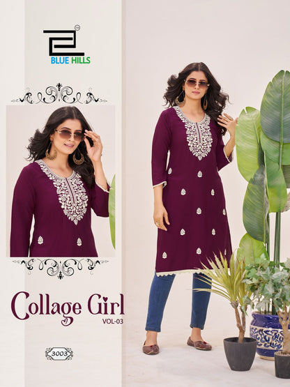 Collage Girl Vol 3 Blue Hills Rayon 14Kg Knee Length Kurtis Wholesaler India