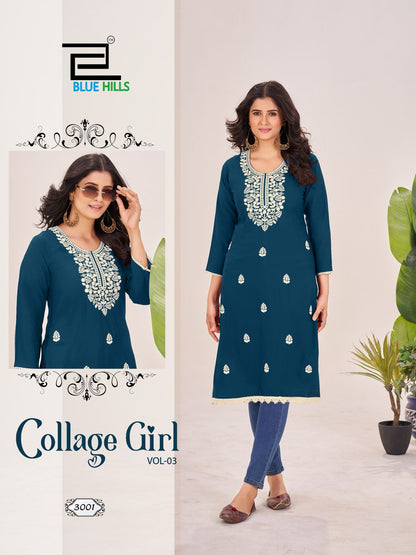 Collage Girl Vol 3 Blue Hills Rayon 14Kg Knee Length Kurtis Wholesaler India