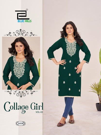 Collage Girl Vol 3 Blue Hills Rayon 14Kg Knee Length Kurtis Wholesaler India