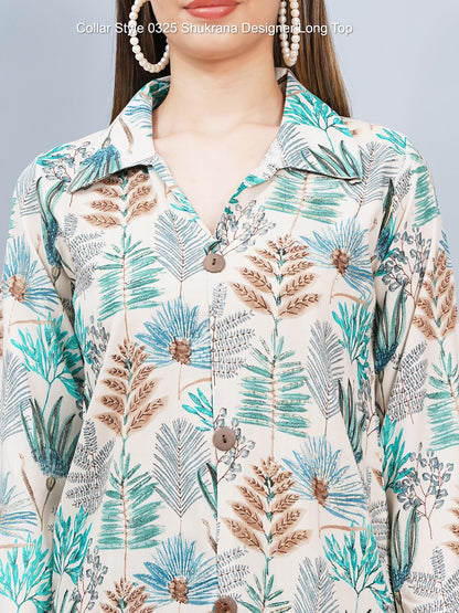 Collar Style 0325 Shukrana Rayon Foil Designer Long Top Supplier Ahmedabad