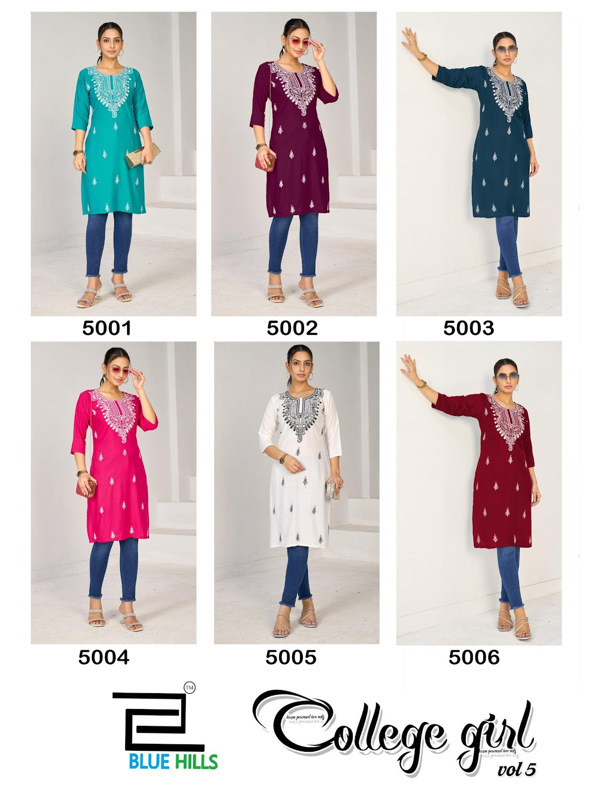 College Girl Vol 5 Blue Hills Rayon 14Kg Straight Cut Kurtis Exporter India