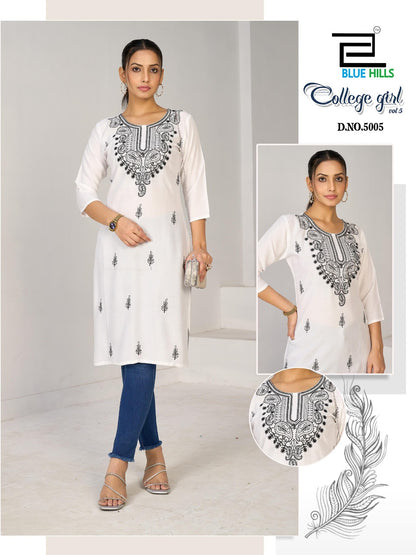 College Girl Vol 5 Blue Hills Rayon 14Kg Straight Cut Kurtis Exporter India