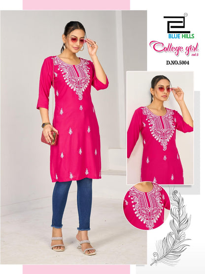 College Girl Vol 5 Blue Hills Rayon 14Kg Straight Cut Kurtis Exporter India