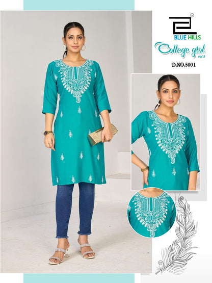 College Girl Vol 5 Blue Hills Rayon 14Kg Straight Cut Kurtis Exporter India