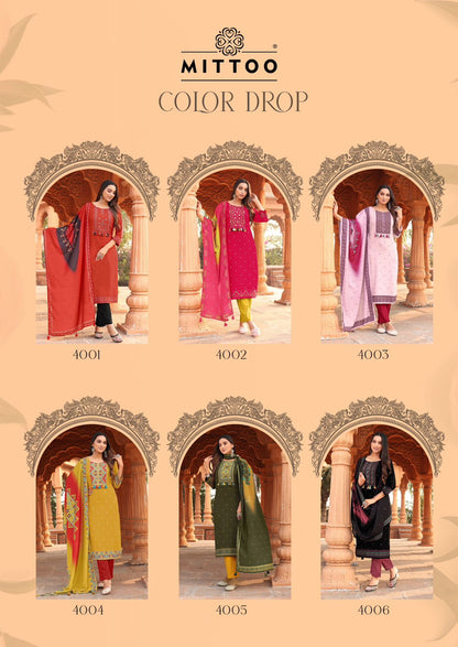 Color Drop Mittoo Rayon Readymade Pant Style Suits Supplier Ahmedabad