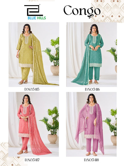 Congo Blue Hills Roman Silk Readymade Pant Style Suits Wholesaler Gujarat