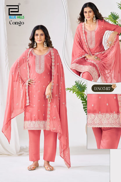 Congo Blue Hills Roman Silk Readymade Pant Style Suits Wholesaler Gujarat