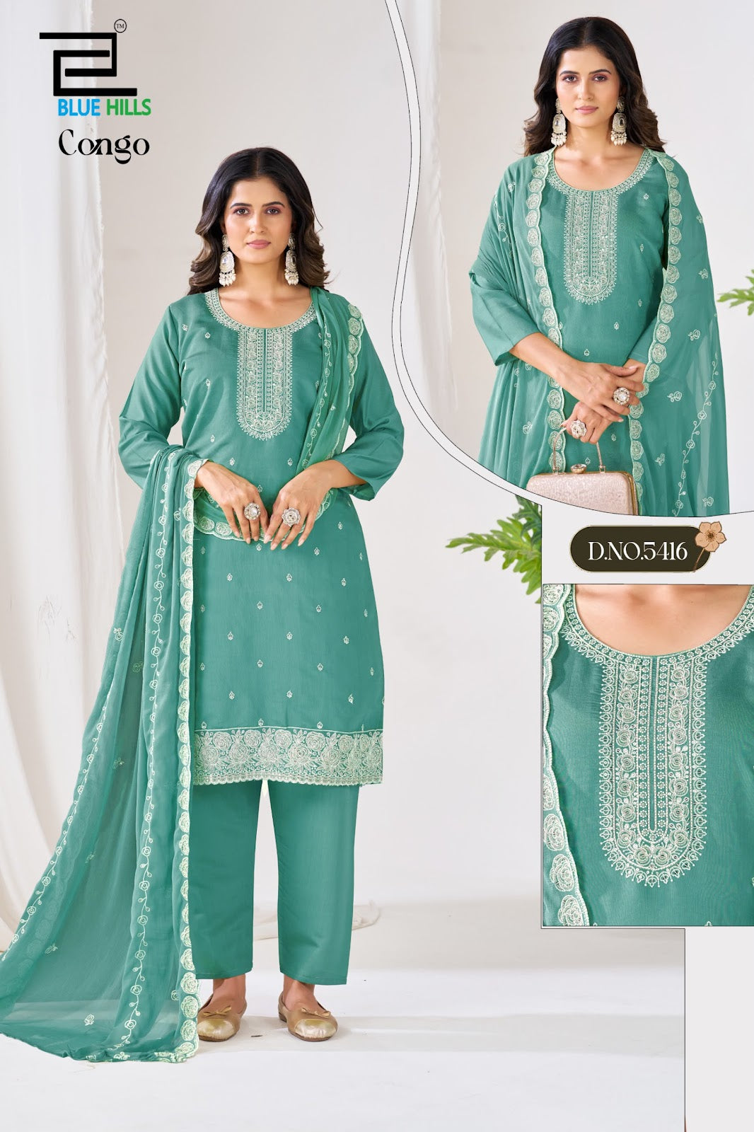 Congo Blue Hills Roman Silk Readymade Pant Style Suits Wholesaler Gujarat