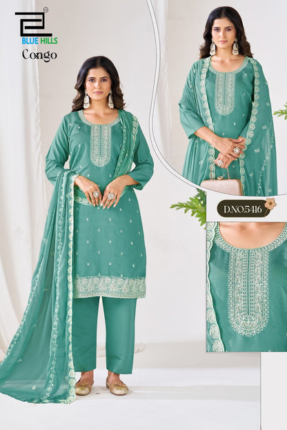 Congo Blue Hills Roman Silk Readymade Pant Style Suits Wholesaler Gujarat