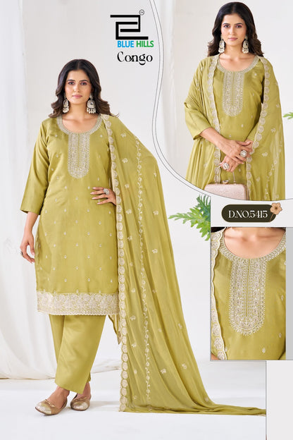 Congo Blue Hills Roman Silk Readymade Pant Style Suits Wholesaler Gujarat