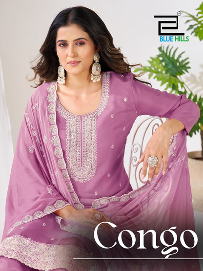Congo Blue Hills Roman Silk Readymade Pant Style Suits Wholesaler Gujarat