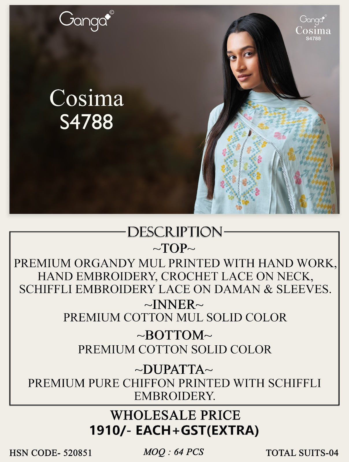 Cosima S4788 Ganga Organdy Plazzo Style Suits Wholesaler