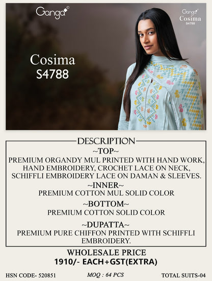 Cosima S4788 Ganga Organdy Plazzo Style Suits Wholesaler