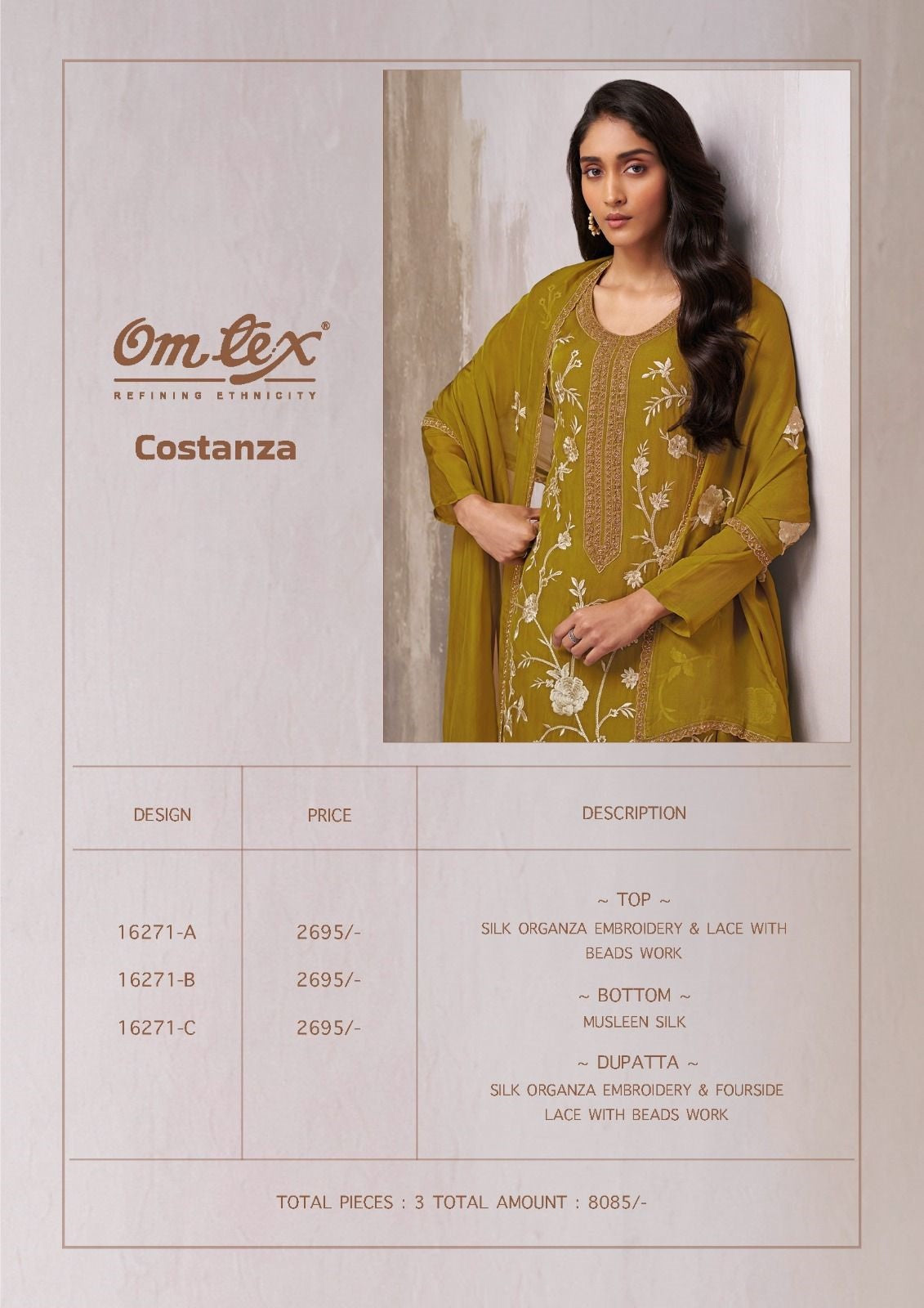Costanza Omtex Silk Organza Pant Style Suits Supplier