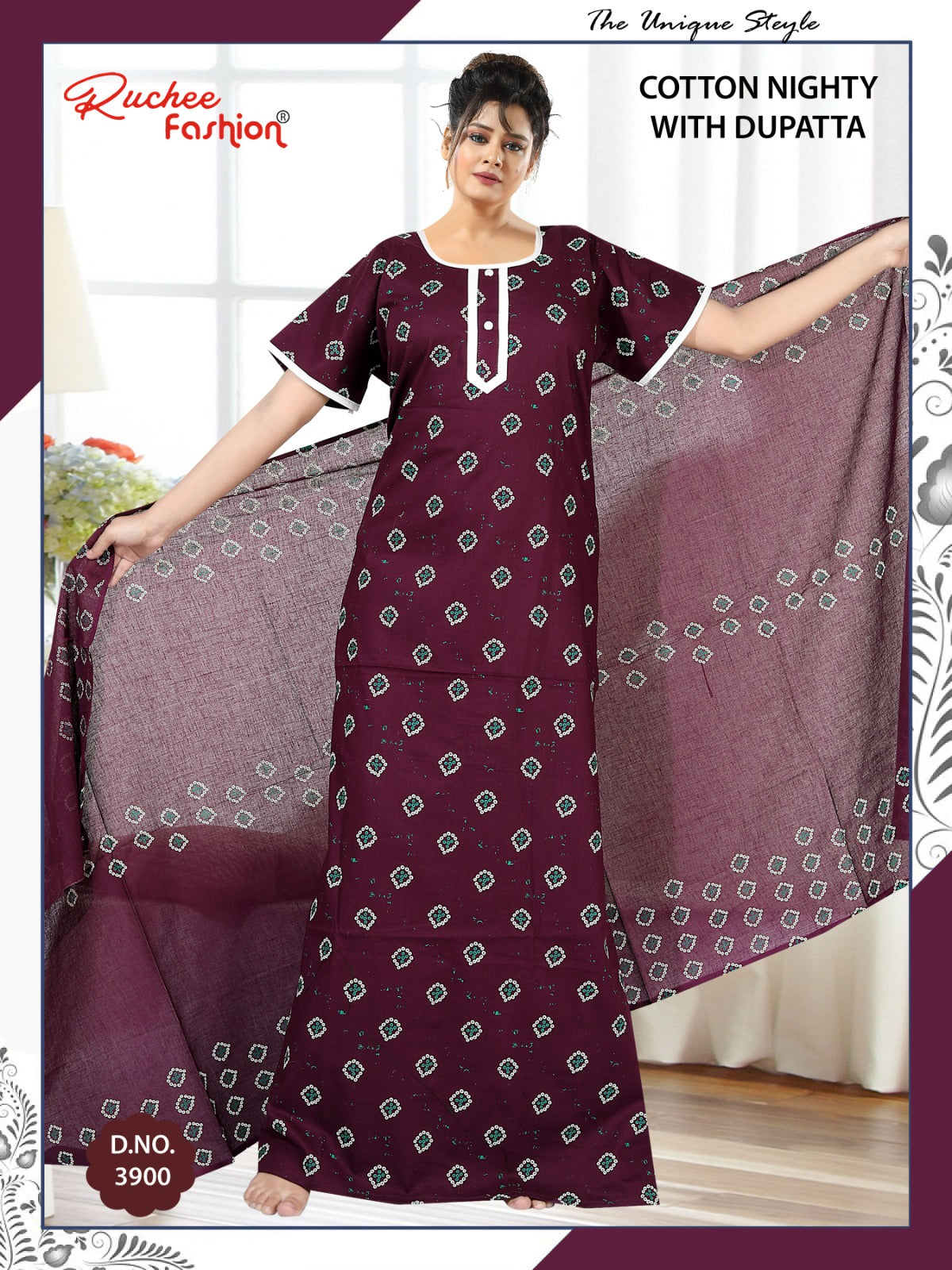 Cotton 111225 Ruchee Fashion Night Gowns With Dupatta Wholesaler Ahmedabad