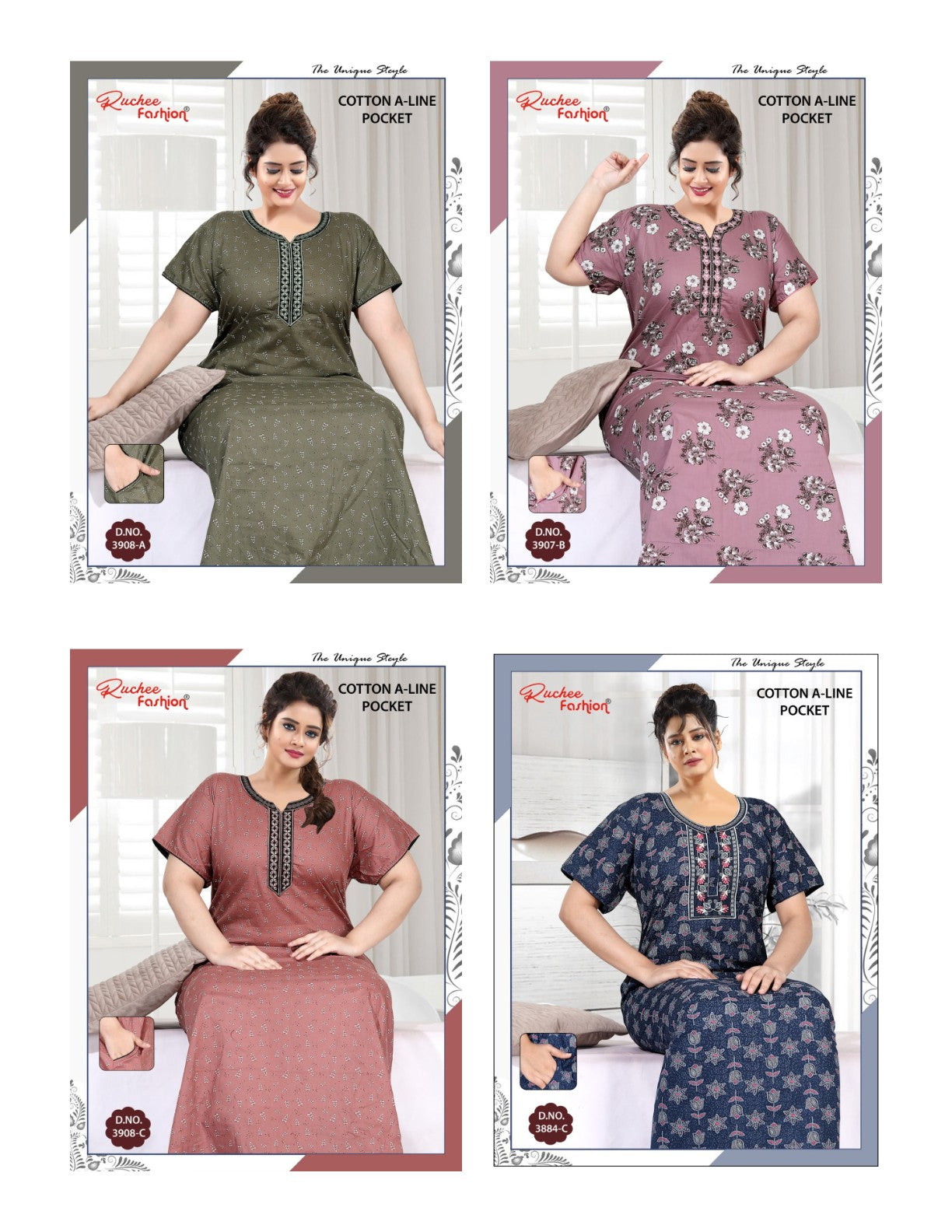 Cotton A-Line Ruchee Fashion Night Gowns Exporter