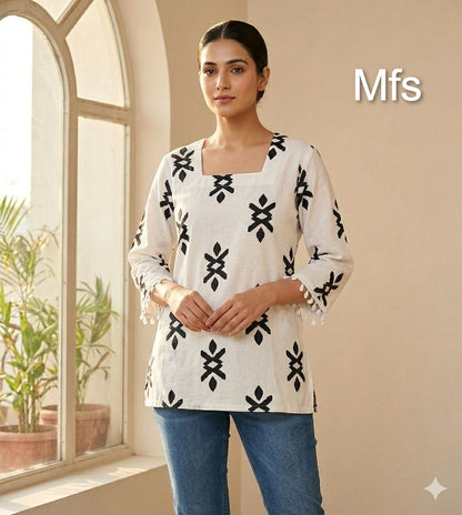 Cream White 100726 Mfs Cotton Stylish Short Tops Supplier Gujarat