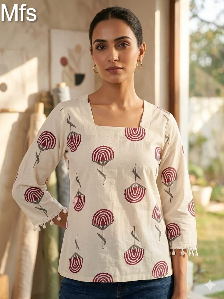 Cream White 100726 Mfs Cotton Stylish Short Tops Supplier Gujarat