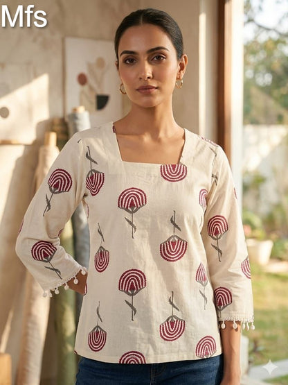 Cream White 100726 Mfs Cotton Stylish Short Tops Supplier Gujarat
