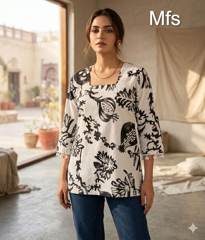 Cream White 100726 Mfs Cotton Stylish Short Tops Supplier Gujarat