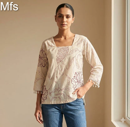 Cream White 100726 Mfs Cotton Stylish Short Tops Supplier Gujarat