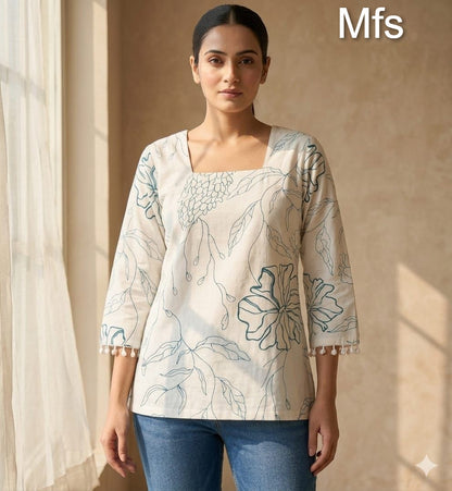 Cream White 100726 Mfs Cotton Stylish Short Tops Supplier Gujarat