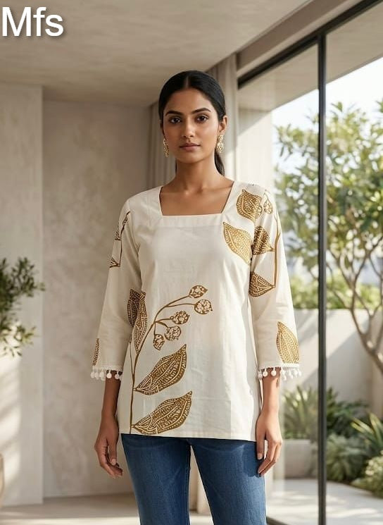 Cream White 100726 Mfs Cotton Stylish Short Tops Supplier Gujarat