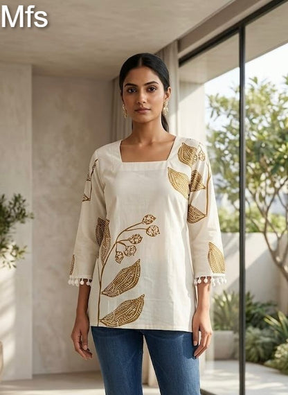 Cream White 100726 Mfs Cotton Stylish Short Tops Supplier Gujarat