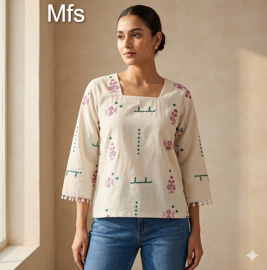 Cream White 100726 Mfs Cotton Stylish Short Tops Supplier Gujarat