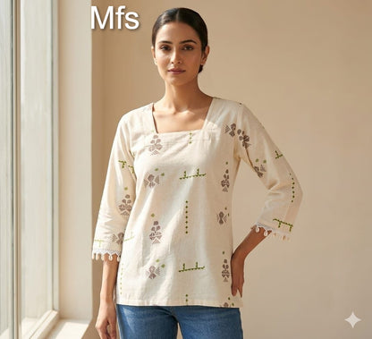Cream White 100726 Mfs Cotton Stylish Short Tops Supplier Gujarat