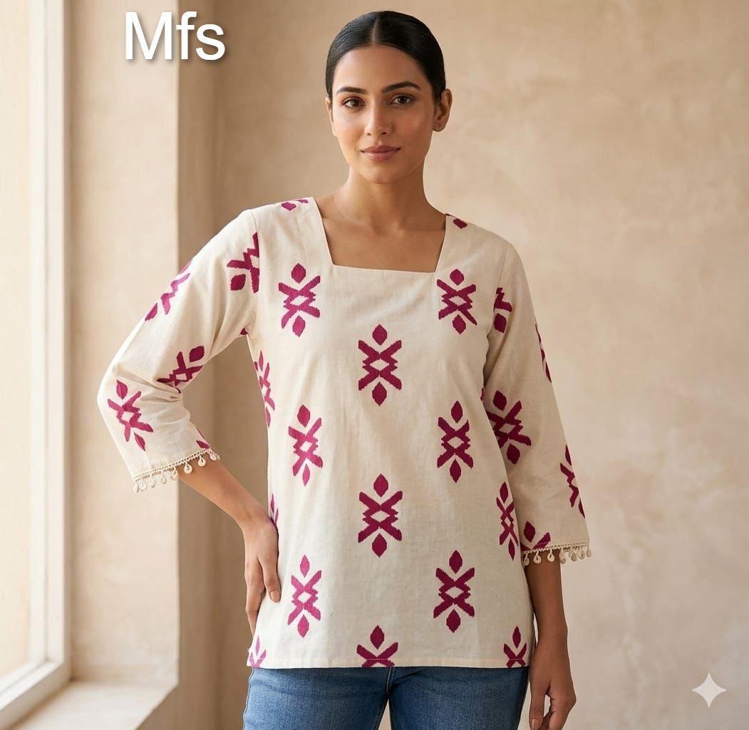 Cream White 100726 Mfs Cotton Stylish Short Tops Supplier Gujarat