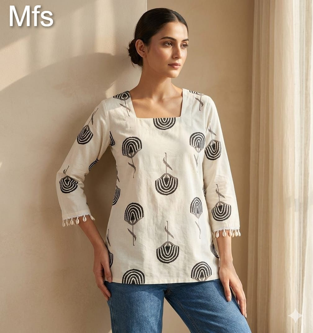 Cream White 100726 Mfs Cotton Stylish Short Tops Supplier Gujarat